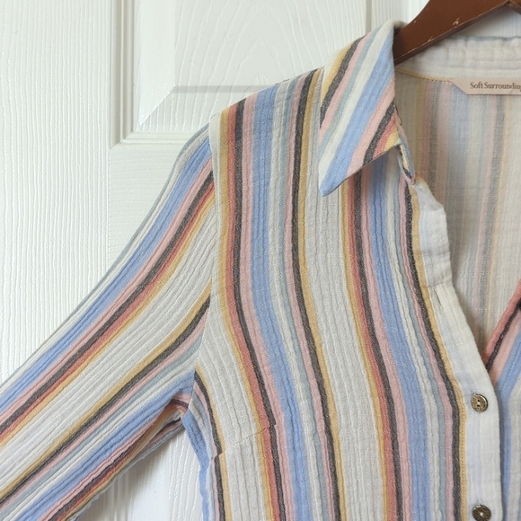 Soft Surroundings Colorful Striped Gauze Tied Quarter Sleeve Button Down Top XSP - Picture 3 of 10